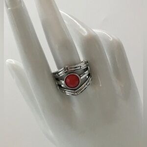 SILVERTONE RED CABOCHON LARGE FACE STRETCH COCKTAIL RING